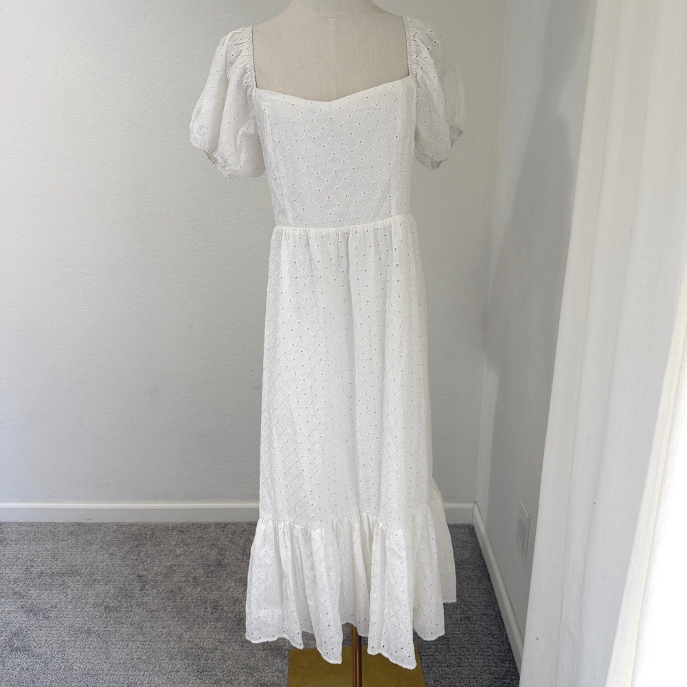Lulus White Eyelet Floral Smocked Midi Dress Square Neck Large Bridal Cottage